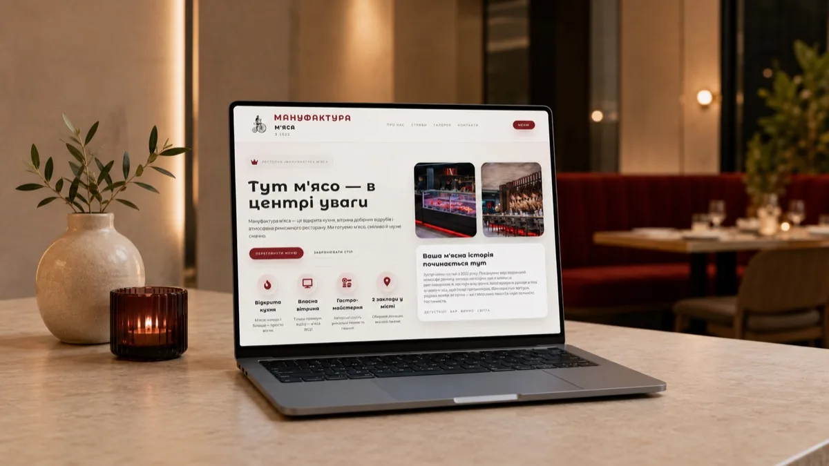 Landing page restauracji Manufaktura na laptopie – projekt gastronomiczny Vii Studio, software house Wrocław